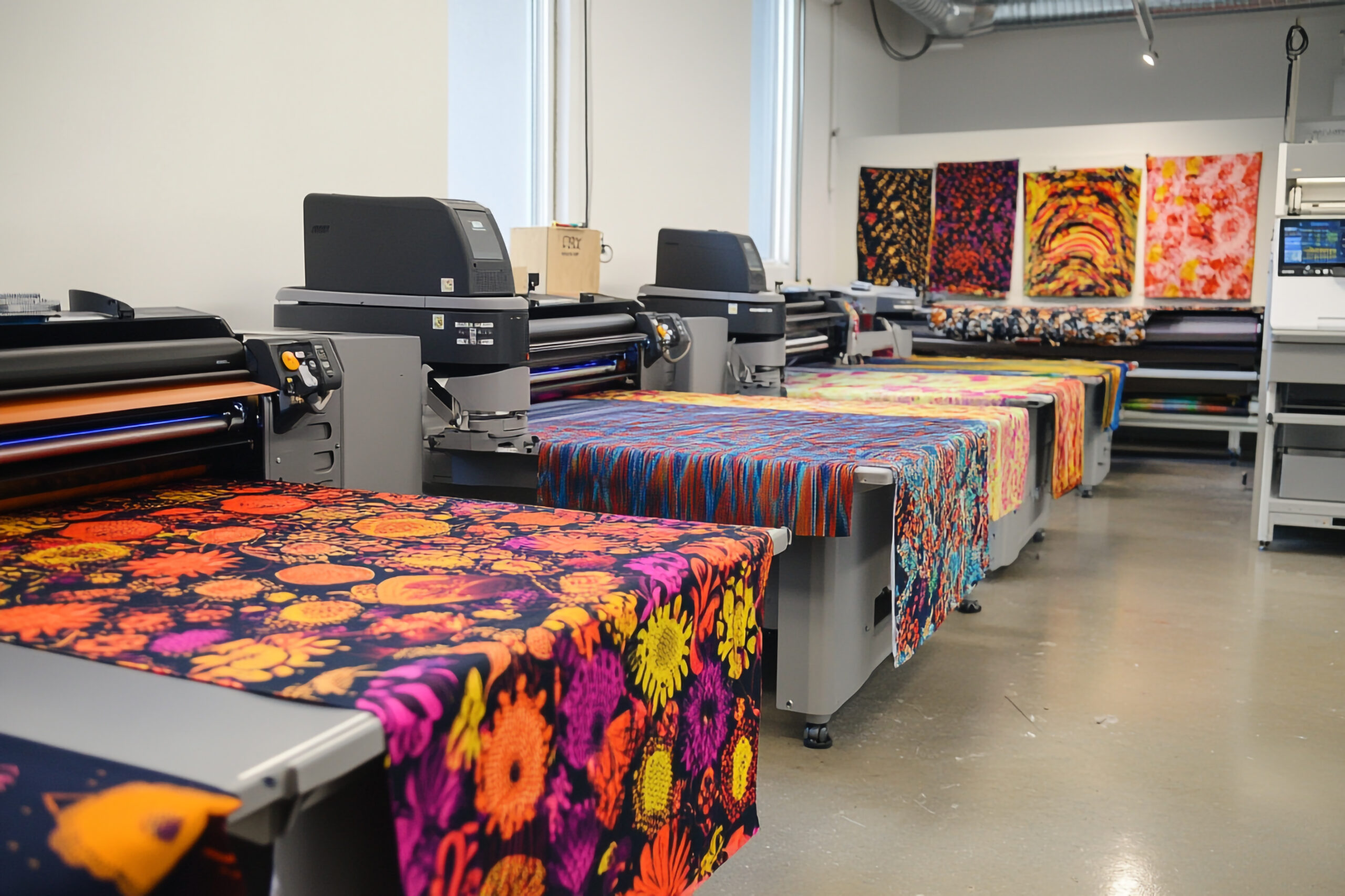vibrant fabric prints emerging from large format printers design studio colorful textiles textile printing digital printing